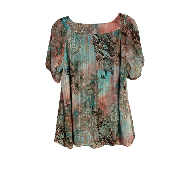 Sara Michelle Womens 1X Teal Pink Paisley Short Sleeve Top Lined Flowy Feminine - Picture 2 of 16